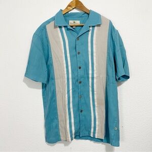 Island Shores Teal and Beige Striped Button Down Shirt Large